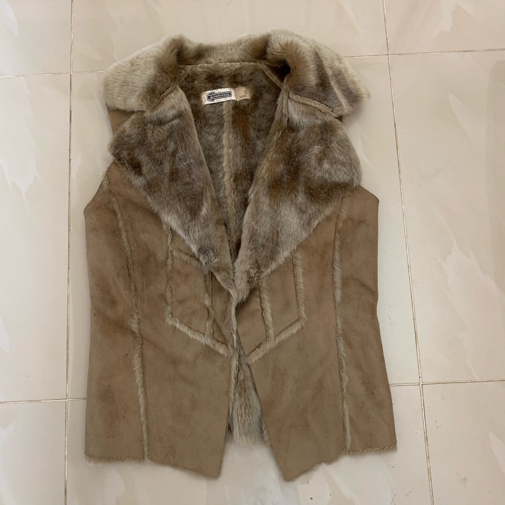 Women Faux Fur Shearling Khaki Vest Small